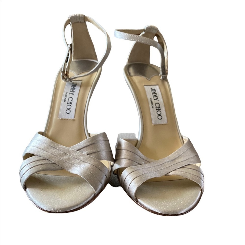 Jimmy Choo Silver Satin Criss Cross Ankle Strap Heels Size 38.5 Bridal Wedding